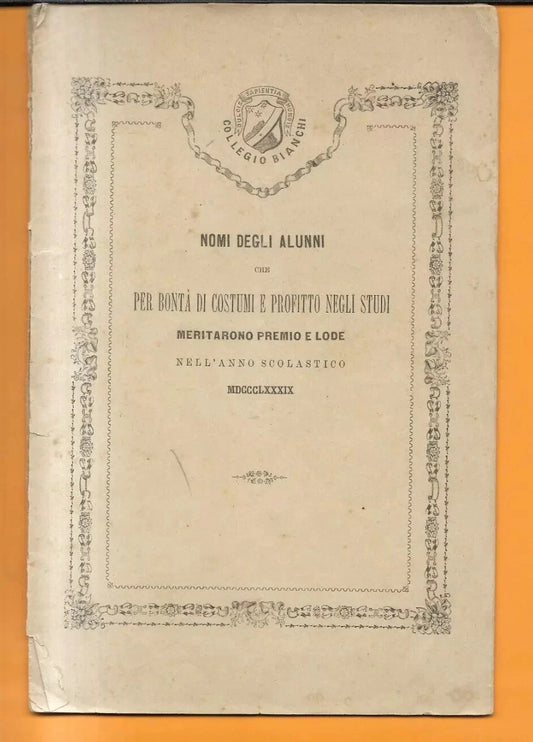 NAPOLI 1889 COLLEGIO BIANCHI NOMI DEGLI ALUNNI CHE MERITARONO PREMIO E LODE