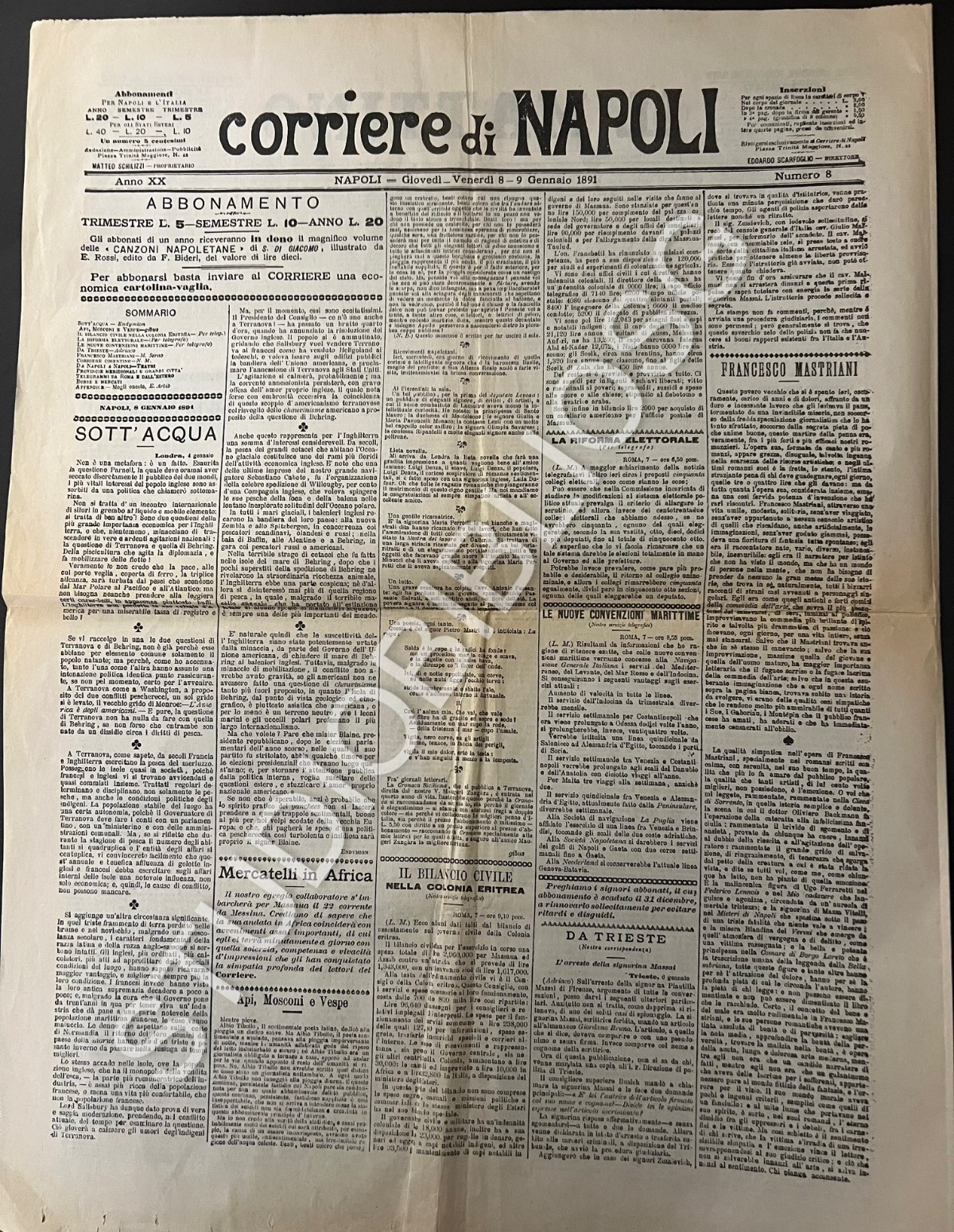 CORRIERE DI NAPOLI - IL MATTINO 1891 - 1901 , 8 PRIME PAGINE MATILDE SERAO GIBUS