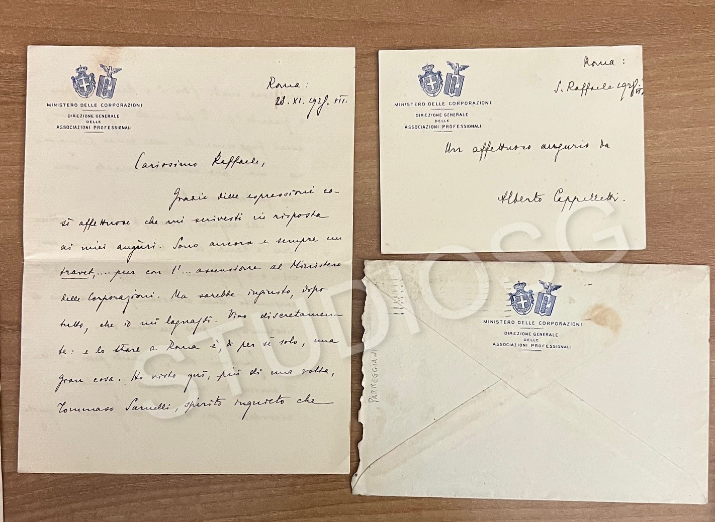 VENTENNIO 1928 MINISTERO DELLE CORPORAZIONI LETTERA BUSTA BIGLIETTO A. CAPPELLET