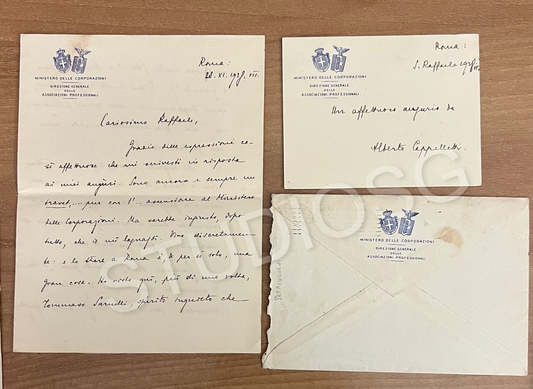 VENTENNIO 1928 MINISTERO DELLE CORPORAZIONI LETTERA BUSTA BIGLIETTO A. CAPPELLET