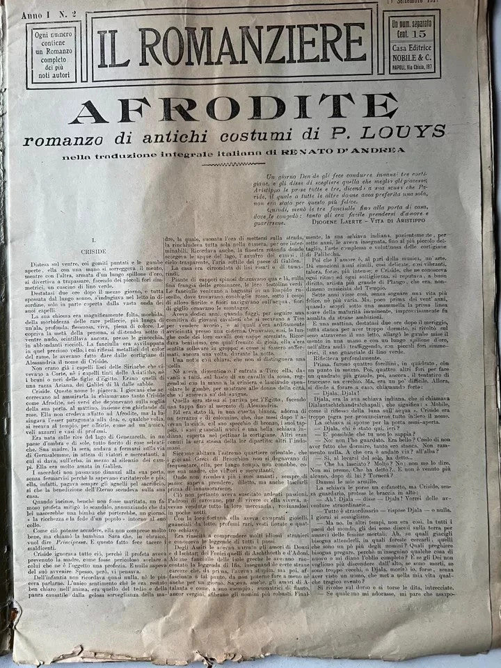 IL ROMANZIERE ANNO I N°2 AFRODITE DI PIERRE LOUYS 1911 NAPOLI CASA EDITR. NOBILE