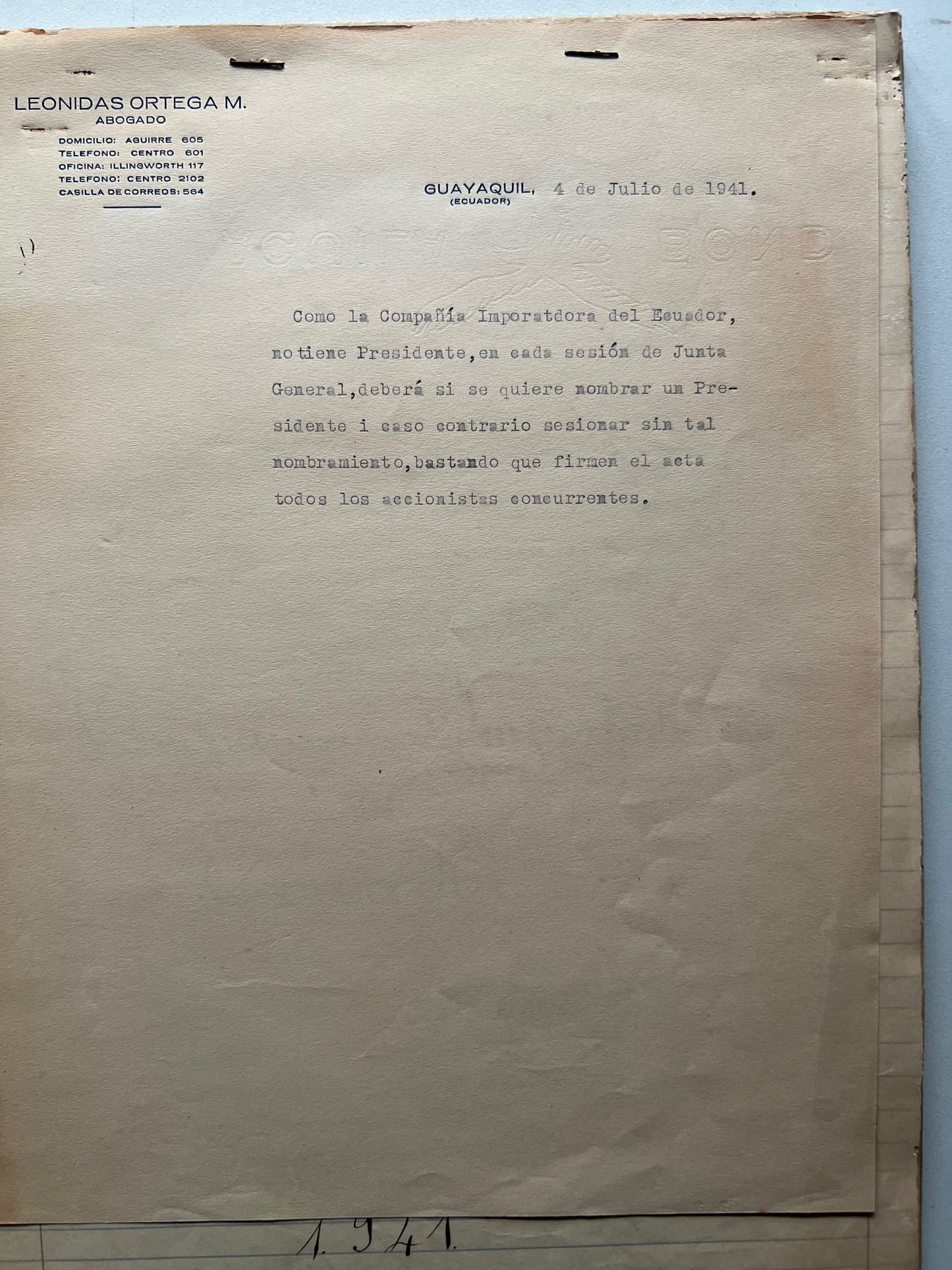 LIBRO DE ACTAS DE LA COMPANIA IMPORTADORA DEL ECUADOR S.A. ANO DE 1941 LIBRO DE ACCIONES