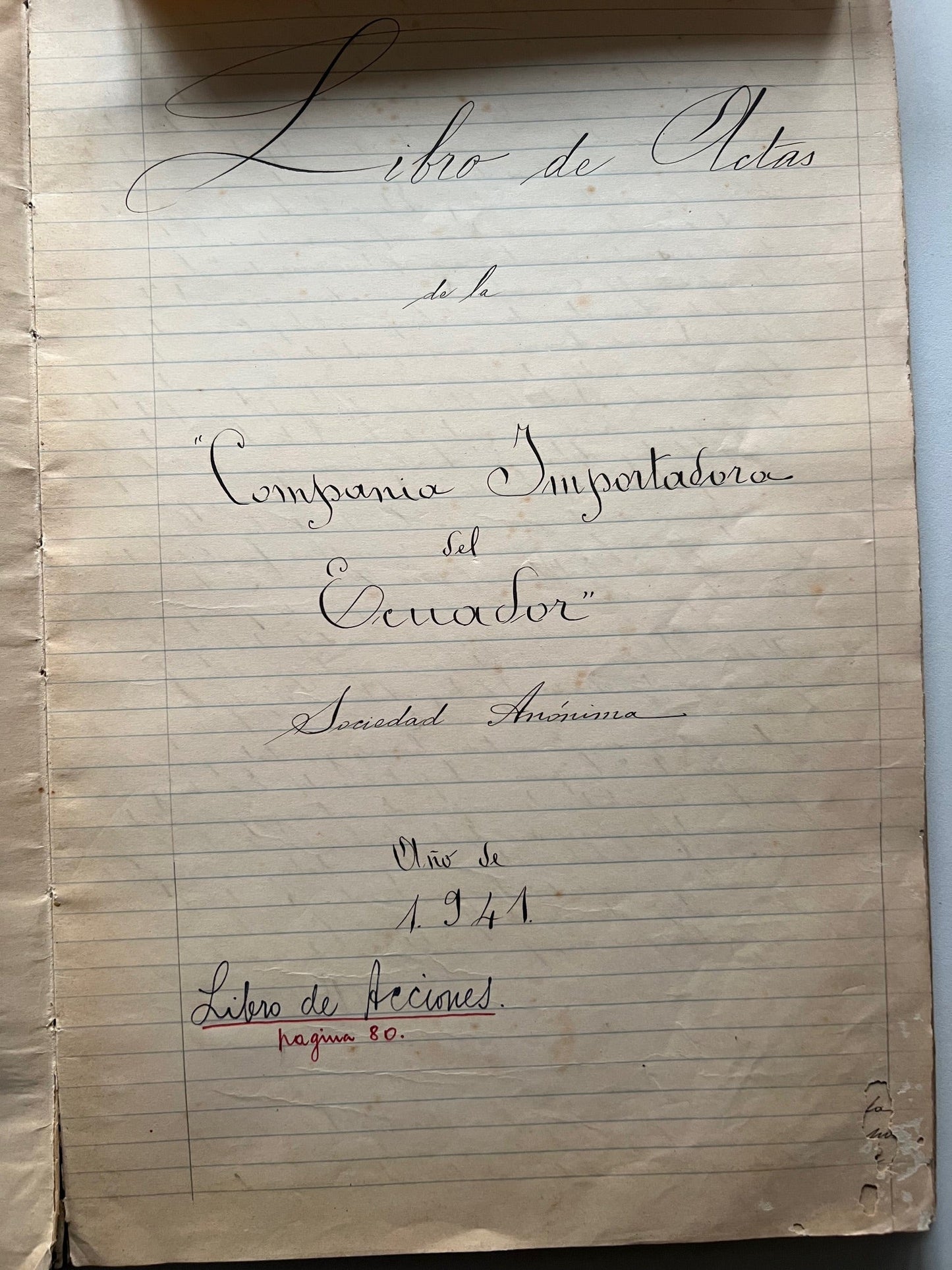 LIBRO DE ACTAS DE LA COMPANIA IMPORTADORA DEL ECUADOR S.A. ANO DE 1941 LIBRO DE ACCIONES