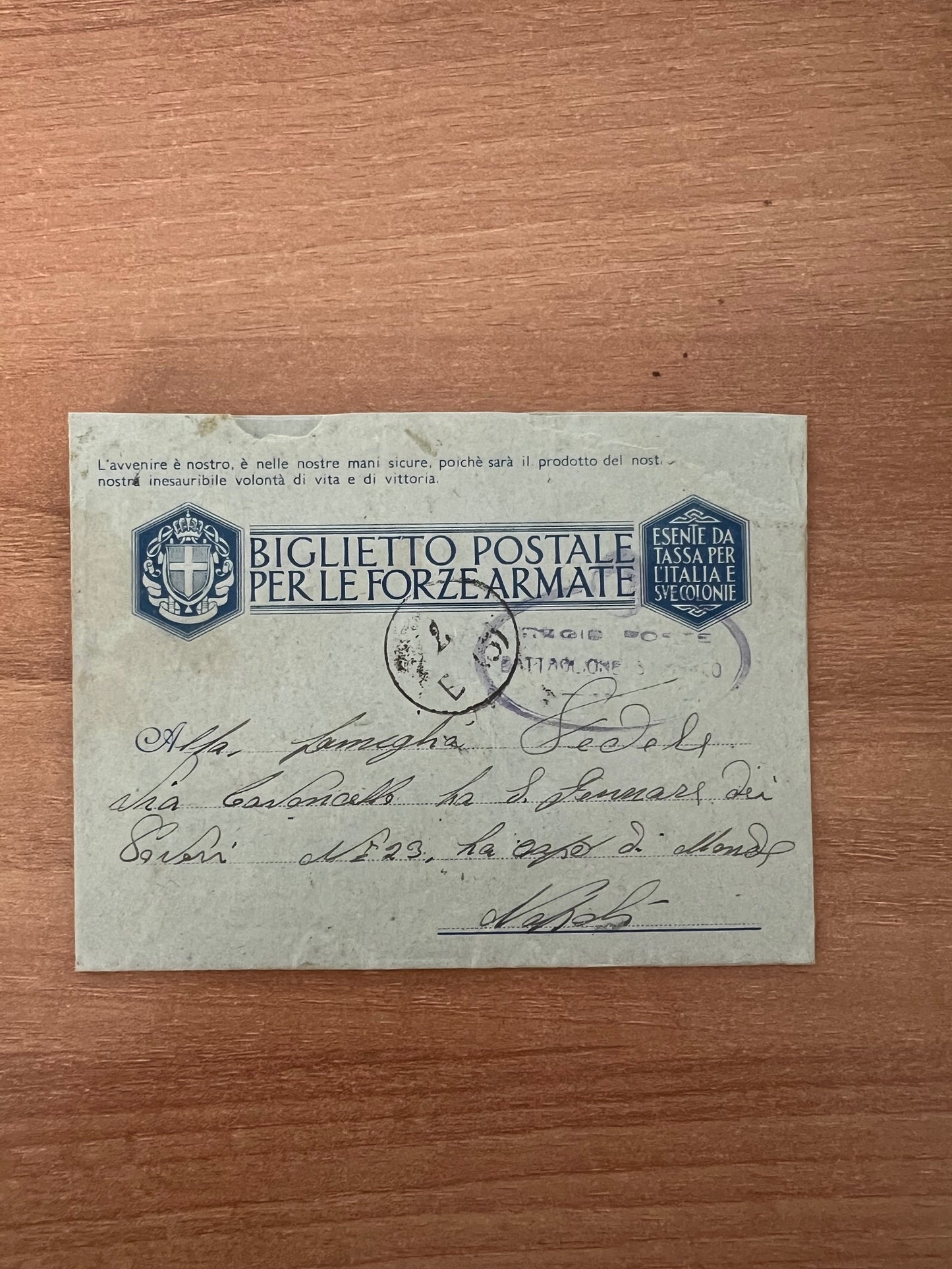 WWII 1942: Fregio Regia Marina Battaglione "San Marco" SANTI VENEZIA + Biglietto Postale Pola Xª Flottiglia MAS