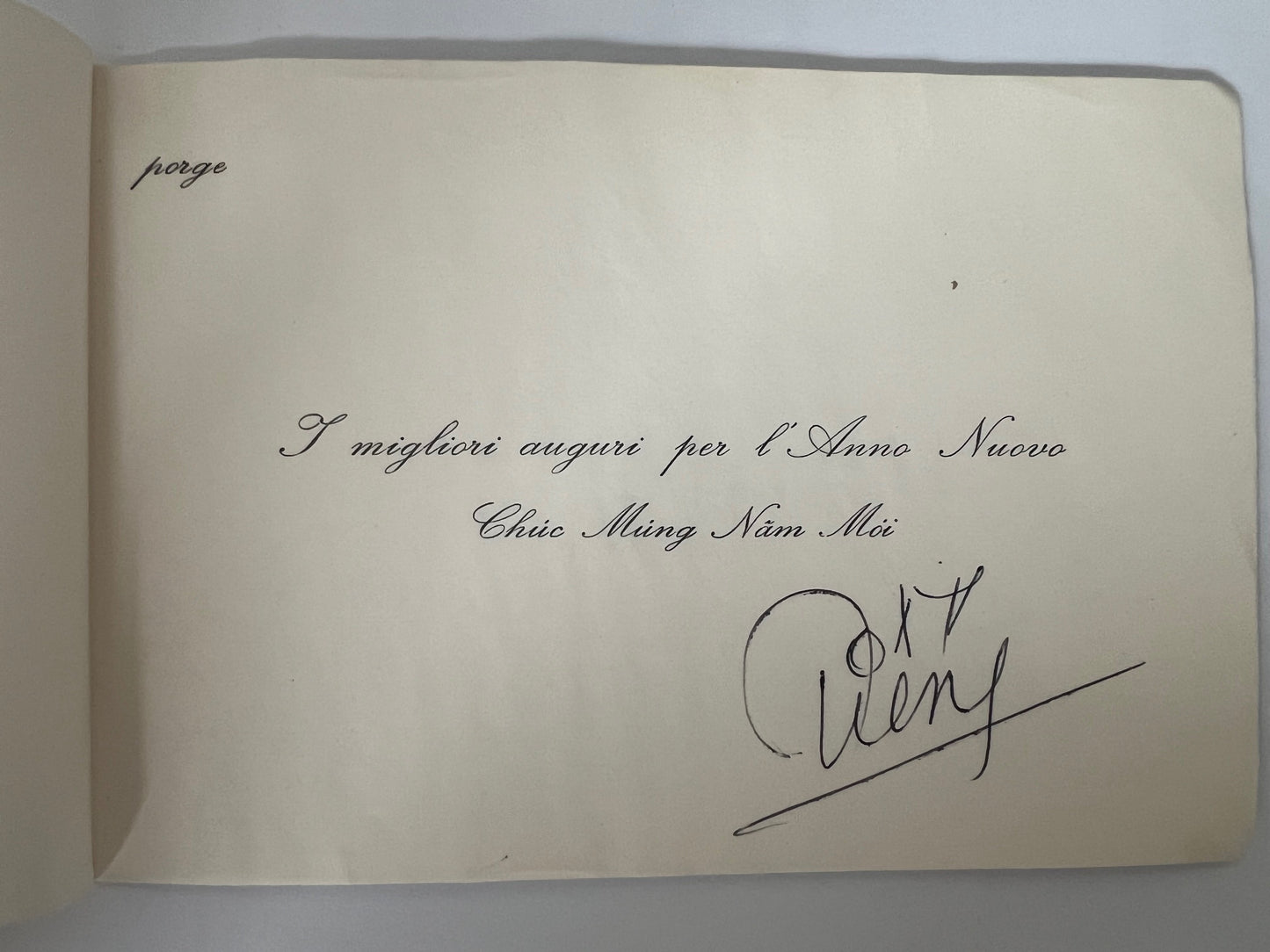 Raro Biglietto d'auguri diplomatico dell'Ambasciata del Vietnam in Italia – 1977 – Firmato dall'Ambasciatore