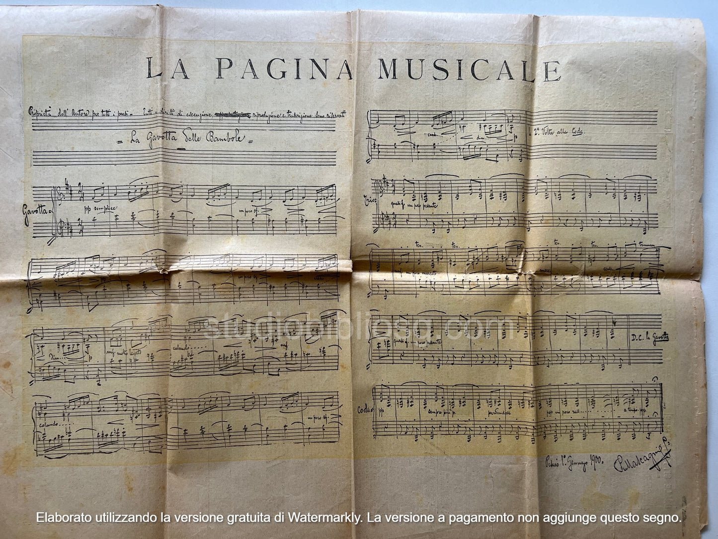 Rarità: Prima Edizione Assoluta "Gavotta delle Bambole" di Pietro Mascagni – Quotidiano "Il Giorno" 16 Gennaio 1900