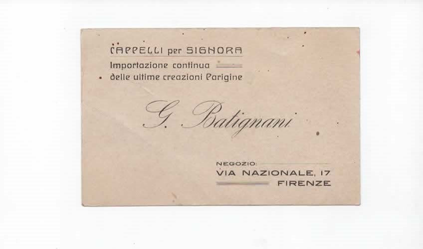 Raro Elegante cartoncino pubblicitario d'epoca ditta G. Batignani, "Cappelli per Signora" Firenze primi '900