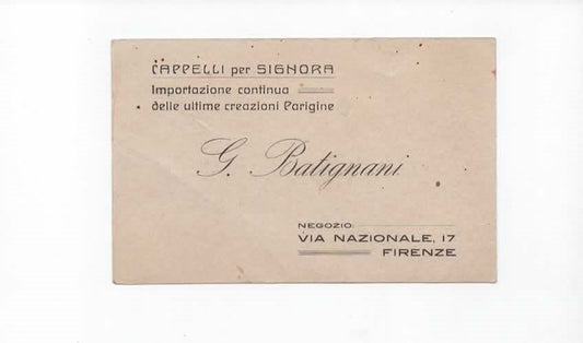 Raro Elegante cartoncino pubblicitario d'epoca ditta G. Batignani, "Cappelli per Signora" Firenze primi '900