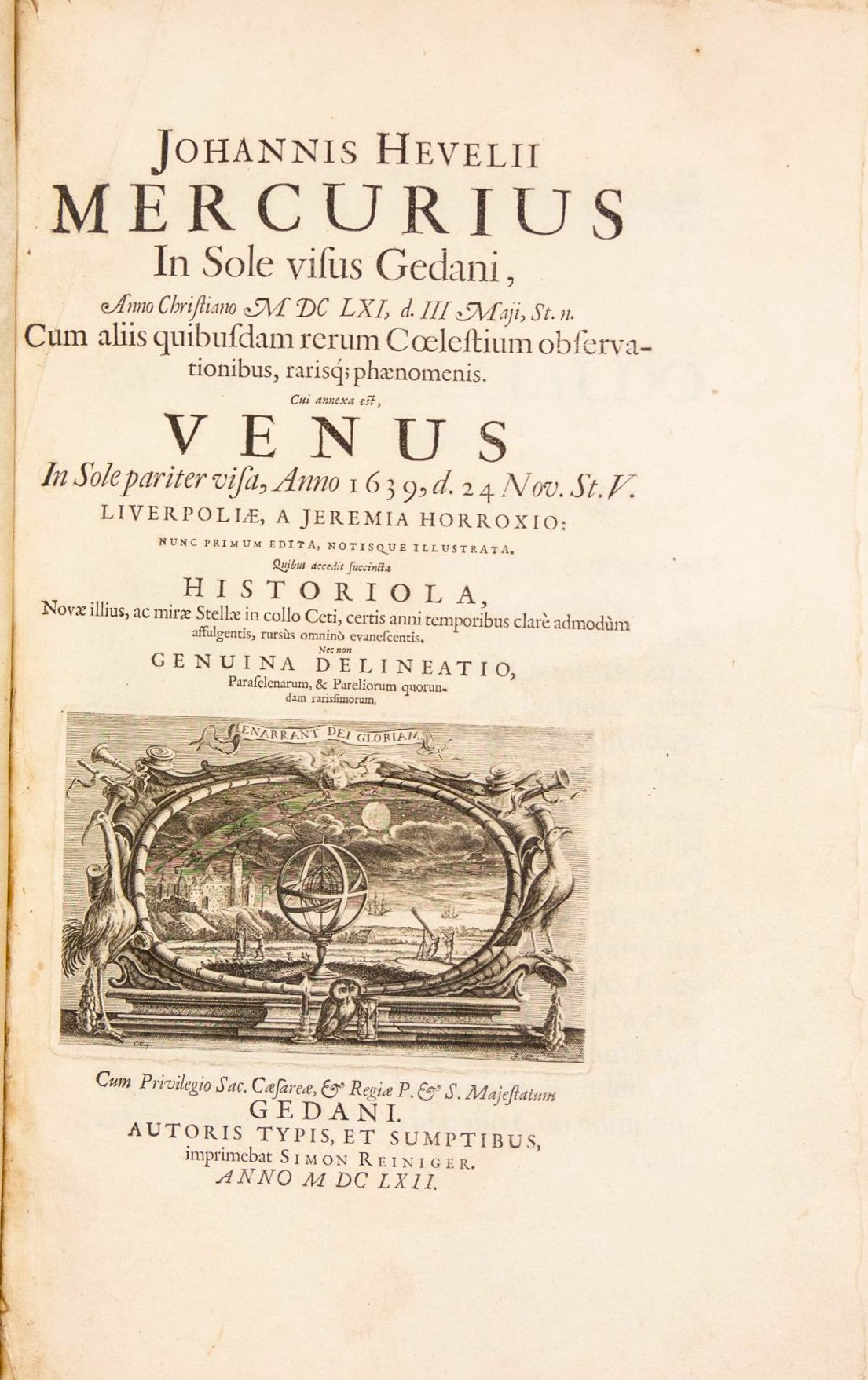 HEVELIUS, Johannes. Mercurius in sole visus Gedani, anno christiano MDCLXI... [With Horrocks's Venus in sole pariter visa, 1639]. Danzig: Simon Reiniger for the author, 1662. First Edition.
