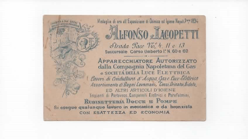Raro Cartoncino Pubblicitario Alfonso Iacopetti – Napoli 1894 – Igiene, Gas ed Elettricità