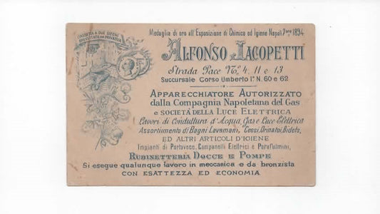 Raro Cartoncino Pubblicitario Alfonso Iacopetti – Napoli 1894 – Igiene, Gas ed Elettricità