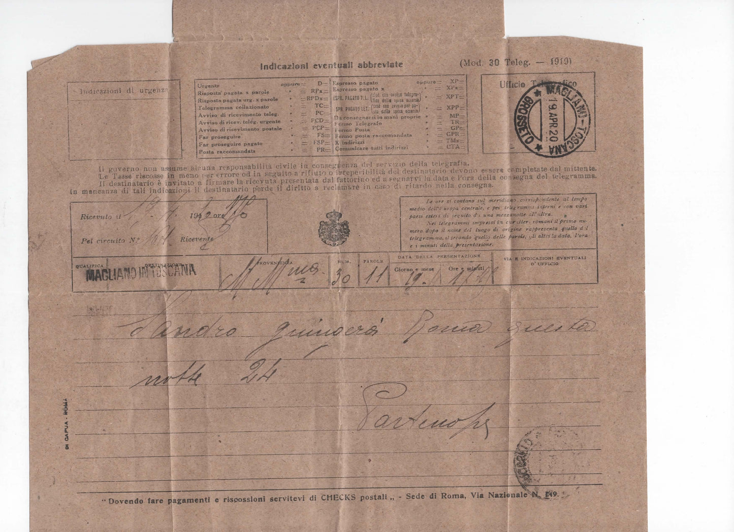 Telegramma Storico 1920 - Annullo Magliano in Toscana - Riferimento ad Alessandro Pavolini