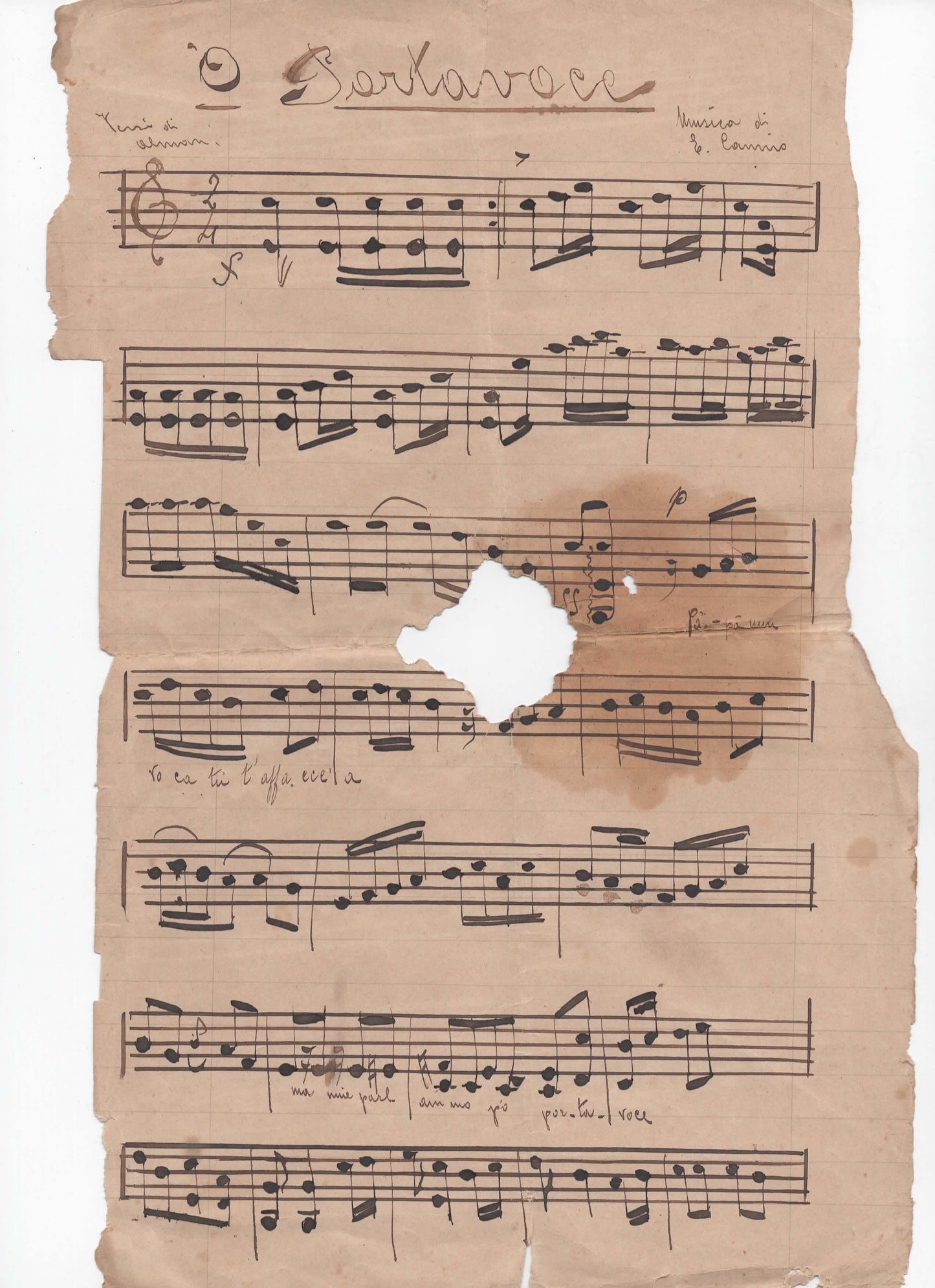 Raro Manoscritto Musicale "'O Portavoce" - Musica di E. Cannio - Versi di Almari - Testo e Spartito Originale 1921