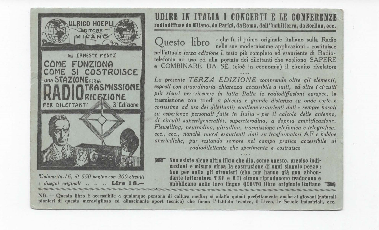 RARA Pubblicità HOEPLI (c. 1921) - Radio Montù - Cartolina Postale del Regno - Non viaggiata