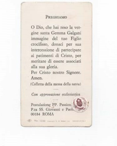 Santino con Reliquia di Santa Gemma Galgani – Postulazione PP. Passionisti, Roma – Prima metà del XX secolo