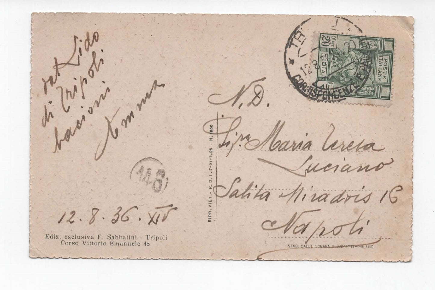 Colonie TRIPOLI (Libia) - Fontana Gazzella e Cattedrale - 1936 Viaggiata per Napoli